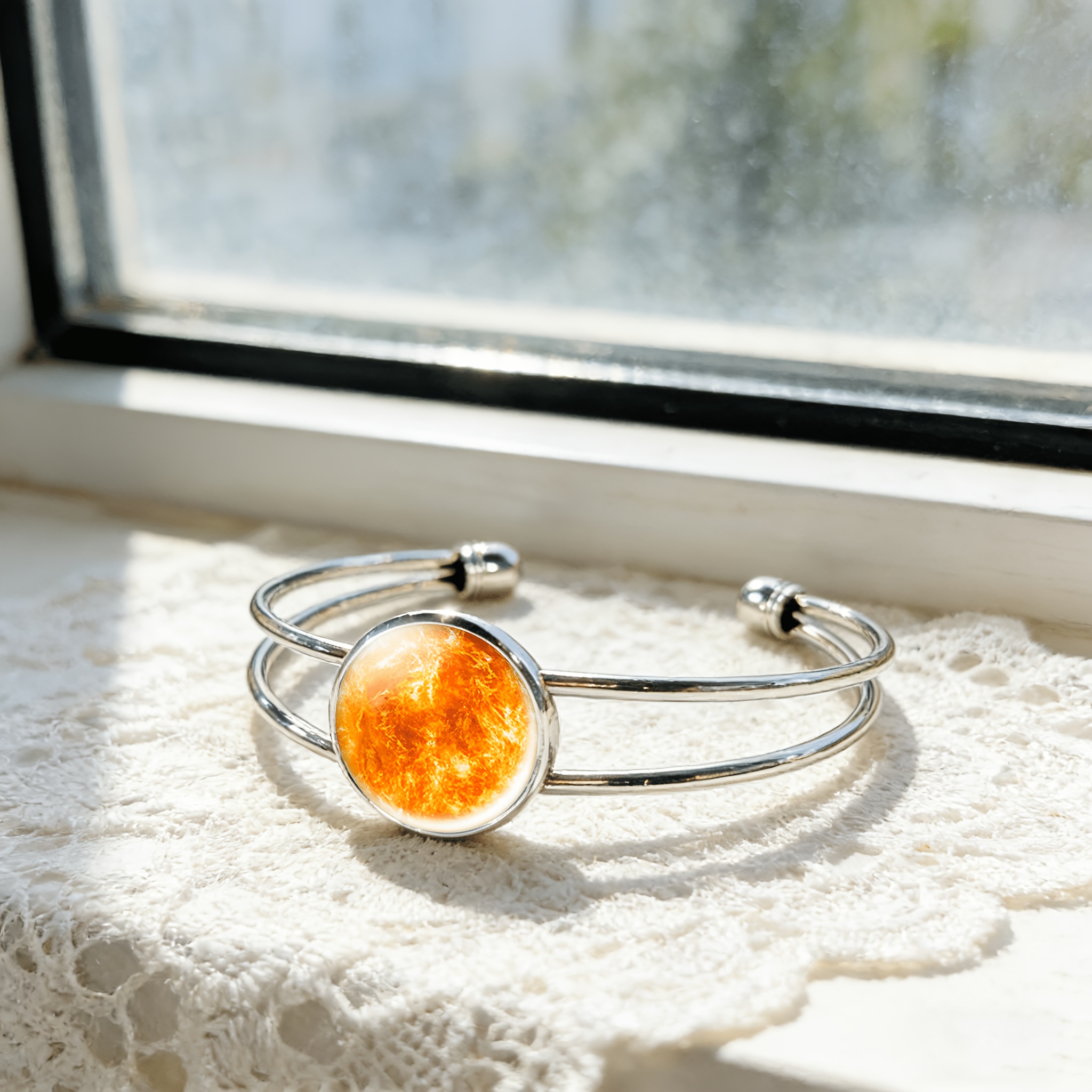 Adjustable Open Bangle with Celestial Sun & Star Gemstone Inlay